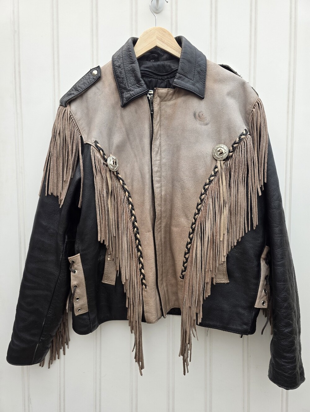 Vintage Genuine Leather Black Tan Lined Fringe Western Jacket Womens Size 46